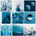 Set of different aesthetic photos.Collage in minimalistic style in one blue color