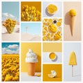 Set of different aesthetic photos.Collage in minimalistic style in one yellow color,