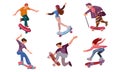 Set of different ages people on skateboard in city park. Vector illustration in flat cartoon style. Royalty Free Stock Photo