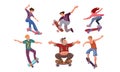 Set of different ages people on skateboard in city park. Vector illustration in flat cartoon style. Royalty Free Stock Photo