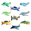 Flat vector set of different aircrafts. Military jet planes, passenger airplane and biplane. Elements for mobile game or Royalty Free Stock Photo