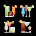 Set of different alcohol cocktail by glasses. Flat design style, vector illustration. Royalty Free Stock Photo