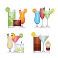 Set of different alcohol cocktail by glasses. Flat design style, vector illustration. Royalty Free Stock Photo