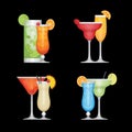 Set of different alcohol cocktail by glasses. Flat design style, vector illustration. Royalty Free Stock Photo