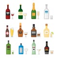 Set of different alcohol drink bottle and glasses vector illustration. Royalty Free Stock Photo