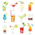 Set of different alcohol drink bottle and glasses vector illustration. Royalty Free Stock Photo