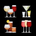 Set of different alcohol drinks by glasses on black background. Royalty Free Stock Photo