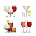 Set of different alcohol drinks by glasses. Flat design style, Royalty Free Stock Photo