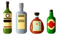 Set of different alcoholic beverages in bottles of different shapes. Vector illustration in a flat cartoon style.