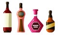 Set of different alcoholic beverages in bottles of different shapes. Vector illustration in a flat cartoon style.