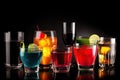 Set of different alcoholic drinks on a black background. Generative AI