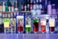 Set of different alcoholic shots cocktails served on bar counter Royalty Free Stock Photo