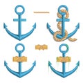 Set of different anchors for marine design. Illustration of a ship`s anchor with a rope.