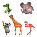 Set of different animals isolated on the white background. Crocodile, Elephant, Koala, Giraffe, Flamingo. Flat style