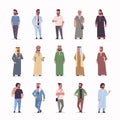 Set different arabic businessmen standing pose arab men wearing traditional clothes arabian male cartoon characters