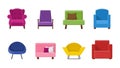 Set of different armchairs. Collection of seating types in flat style. Beautiful design elements - classic, retro or Royalty Free Stock Photo