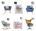 Set of different armchairs with decorative pillows on background Royalty Free Stock Photo