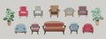 A set of different armchairs and sofas. Bright pieces of furniture and pastel colors. Two flowers in pots. Interior Design. Sofa a