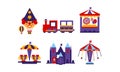 Flat vector set of different attractions rides and carousels. Colorful amusement park elements Royalty Free Stock Photo