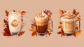 Set of different autumn or winter hot coffee drinks illustration. Drawn cup variety with cappucino, pumpkin latte, hot chocolate, Royalty Free Stock Photo