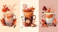 Set of different autumn or winter hot coffee drinks illustration. Drawn cup variety with cappucino, pumpkin latte, hot chocolate, Royalty Free Stock Photo