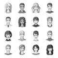 Set of different avatars girls and men. Avatar and face icon in set collection on monochrome style vector symbol stock