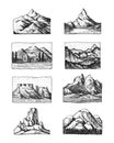 Set of 8 different badges with mountains, engraved, hand drawn or sketch style include logos for camping, hiking