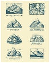 Set of 8 different badges with mountains, engraved, hand drawn or sketch style include logos for camping, hiking