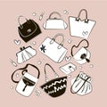 Set of different bags, clutches, purses handbags Royalty Free Stock Photo