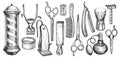 Set of different barber shop tools. Barbershop and hair salon for men. Shaving accessories in vintage engraving style