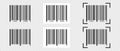 Set of different barcode stickers with scanner frame. Bar code tag mockups isolated on transparent background. Visual Royalty Free Stock Photo