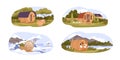 Set of different barrel sauna with natural landscape vector flat illustration. Collection of various wooden outdoor