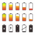 Set of different battery capacity levels with colorful indicators. Low battery red color and high full level energy battery green