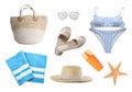 Set with different beach accessories on white