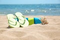 Set of different beach objects on sand Royalty Free Stock Photo