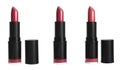 Set with different beautiful lipsticks on white background