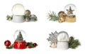 Set of different beautiful snow globes on isolated on white