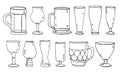 Set of different beer glasses and mugs. Hand drawn outline vector sketch illustration Royalty Free Stock Photo