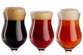 Set of different beer in wineglasses with foam closeup - lager, red ale, porter - isolated on white background. Royalty Free Stock Photo