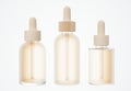 Set of different beige cosmetic serum dropper bottles, skin care product packaging concept, commercial design deady mock