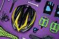 Set of different bicycle tools, accessories and parts on background, flat lay Royalty Free Stock Photo