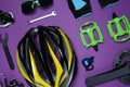 Set of different bicycle tools, accessories and parts on background, flat lay Royalty Free Stock Photo