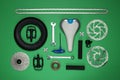 Set of different bicycle tools and parts on  background, flat lay Royalty Free Stock Photo