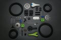 Set of different bicycle tools and parts on  background, flat lay Royalty Free Stock Photo