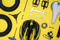 Set of different bicycle tools and parts on background, flat lay Royalty Free Stock Photo