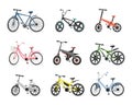 Set of different bicycles. Blue, red, pink, green, grey, and yellow bikes isolated on white background.