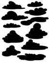 Set of different black clouds silhouettes on white background.