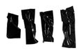 Set of different black scotch sticky adhesive tapes isolated on white background. Torn crumpled sellotape pieces collection