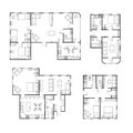 Set of different black and white house floor plans with interior details on white