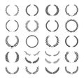 Set of different black and white silhouette round laurel foliate, wheat, oak and olive wreaths depicting an award, achievement,